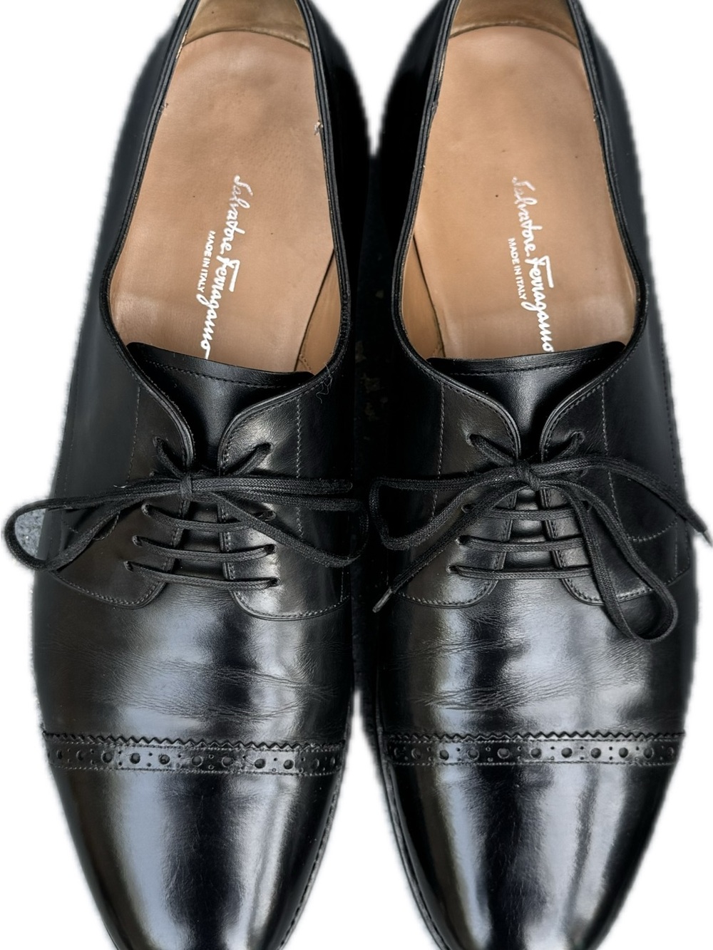 Salvatore Ferragamo Tramezza Cap Toe Derby Black Leather Mens 9.5 EEE Wide Italy